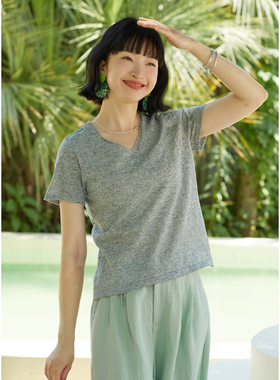 忘城H837座/观夏/24夏百搭显瘦凉感纱亚麻混纺灰色圆领正肩V领T恤