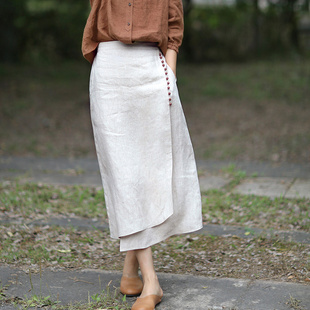忘城D076座 2022春夏不规则亚麻半身裙A字气质显瘦设计感 似水