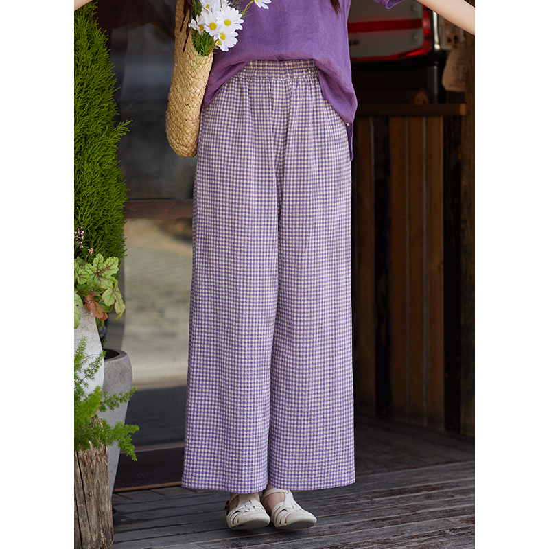 忘城Y729座/格纹时光/夏季新款亚麻棉混纺色织格子九分宽松阔腿裤