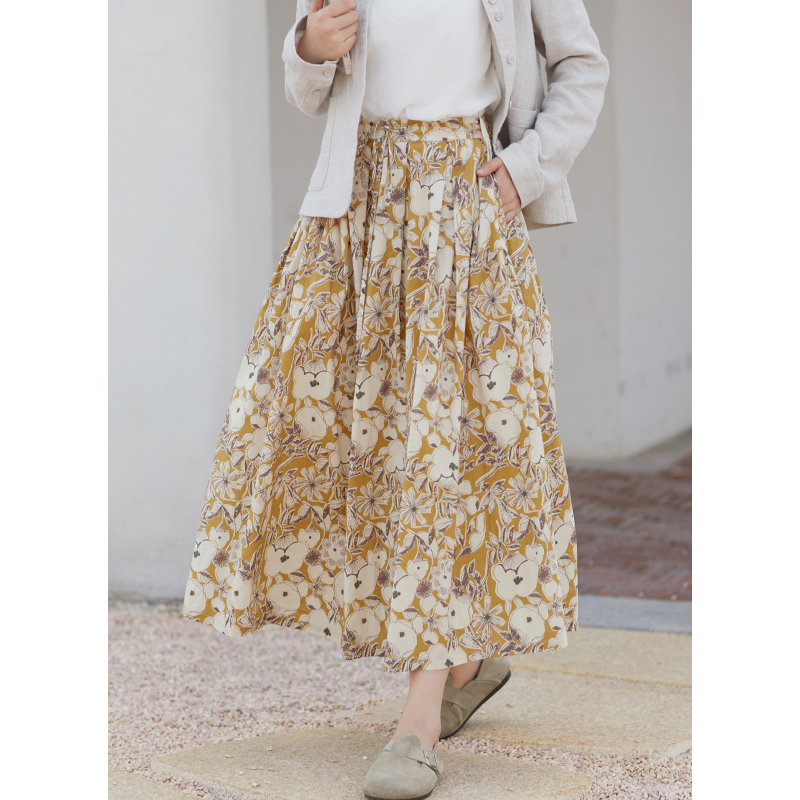 忘城H1285座/做自己的花/秋60支100%长绒棉印染印花系带a字半身裙