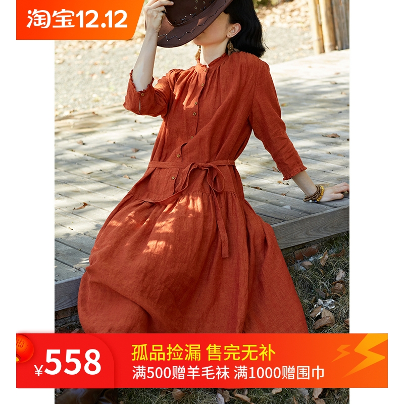 西域特色全亚麻复古纯色连衣裙女