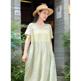 42支JIN口苎麻双色拼接V领连衣裙 2022夏新款 忘城9868座 唐韵笙歌