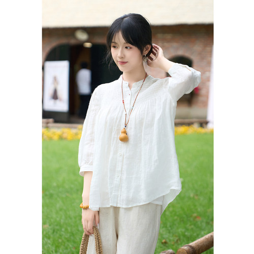 忘城H1585座/手风琴的夏天/夏季新款36支亚麻白色衬衫七分袖小衫