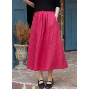 忘城A866座 春法国进口9支精梳亚麻单层a字半松紧腰半身裙 胭脂色
