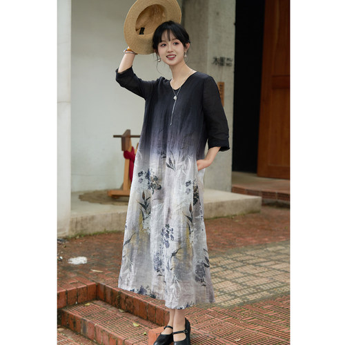 春夏42支苎麻渐变印花连衣裙双层