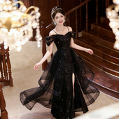 一字肩黑色在逃公主礼服高级感2026新款 学生日成人礼艺考宴会长裙