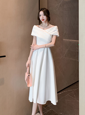 法式一字肩晚礼服气质新娘订婚连衣裙平时可穿白色登记领证礼服女