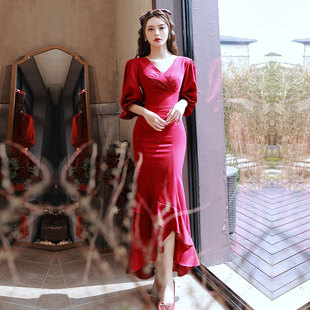 敬酒服新娘红色订婚连衣裙前短后长婚礼结婚当天便装 鱼尾晚礼服女
