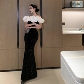 法式 黑色晚礼服主持人宴会亮片一字肩鱼尾显瘦连衣裙长款 年会战袍