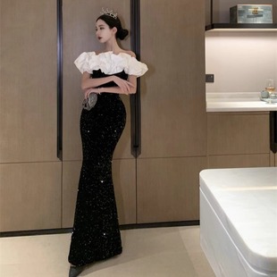 法式黑色晚礼服主持人宴会亮片一字肩鱼尾显瘦连衣裙长款年会战袍