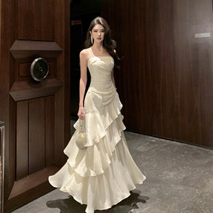 法式生日气质唯美晚礼服不规则荷叶边超仙吊带沙滩裙海边连衣裙女