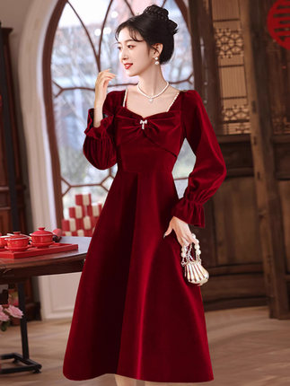 秋冬敬酒服新娘金丝绒结婚回门晚礼服小个子订婚中长款长袖连衣裙