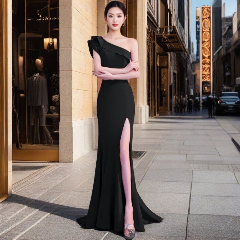 主持人长款单肩性感开叉鱼尾裙女