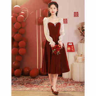 红色连衣裙 婚宴回门答谢宴出阁宴订婚礼服长袖 法式 敬酒服新娘便装