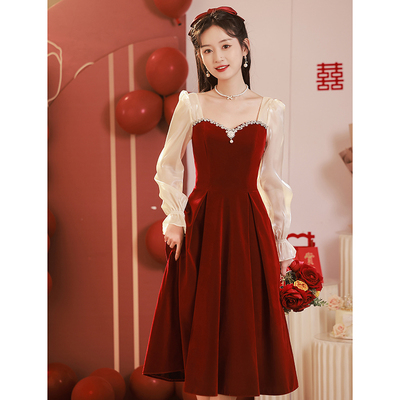 优雅方领长袖A字裙中长款礼服