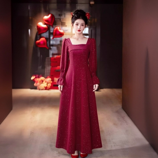 订婚礼服裙小个子红色长裙 敬酒服新娘秋冬回门服结婚便装 法式 长袖