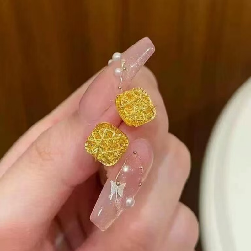 金包银爆闪小方糖耳钉古法花丝耳饰耳环时尚百搭送女友礼物