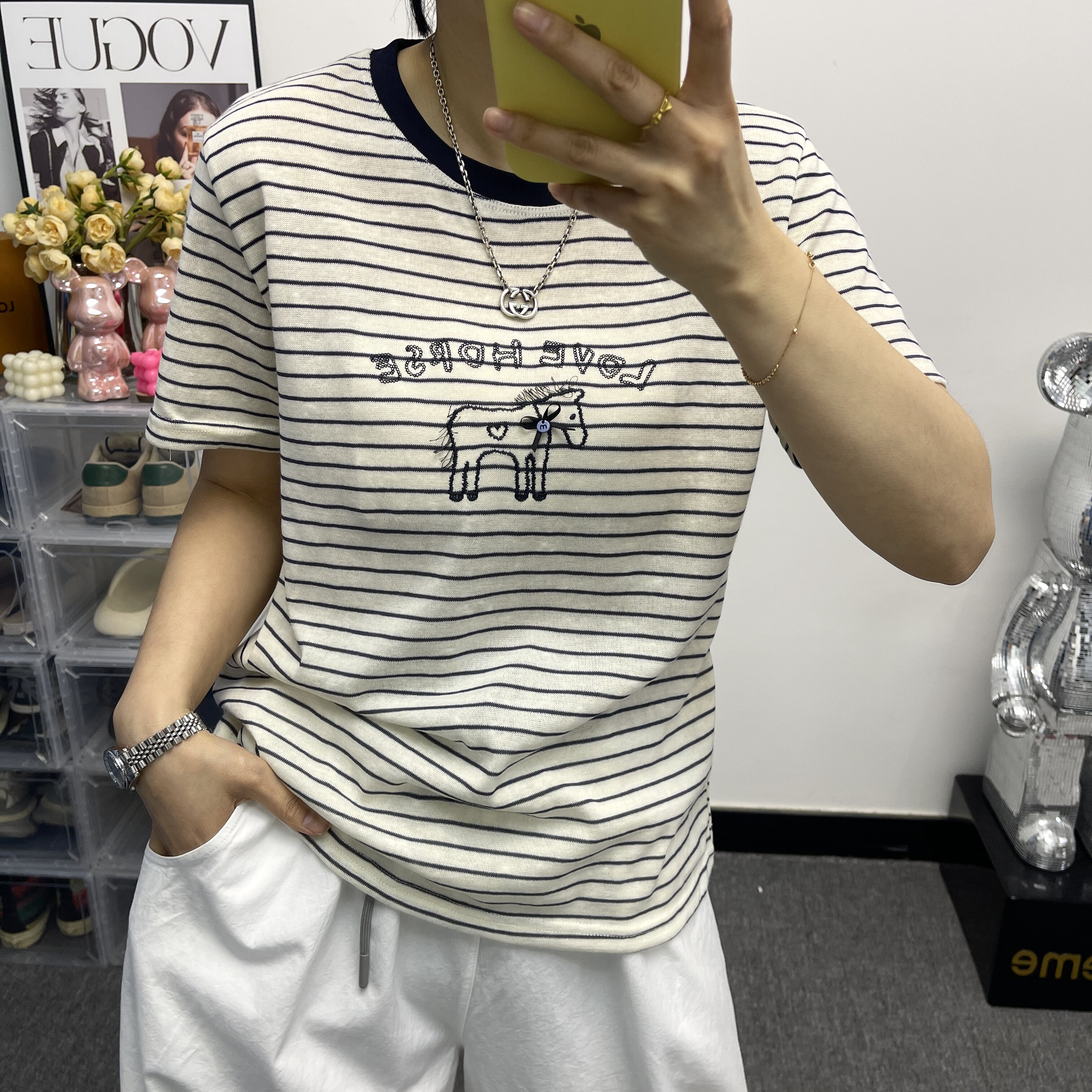 欧洲站韩版时尚撞色条纹T恤女夏季立体小马刺绣百搭减龄显瘦短袖