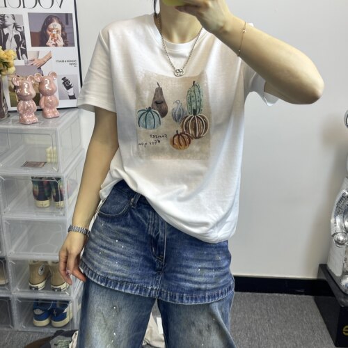 纯棉立体串珠南瓜印花短袖T恤女
