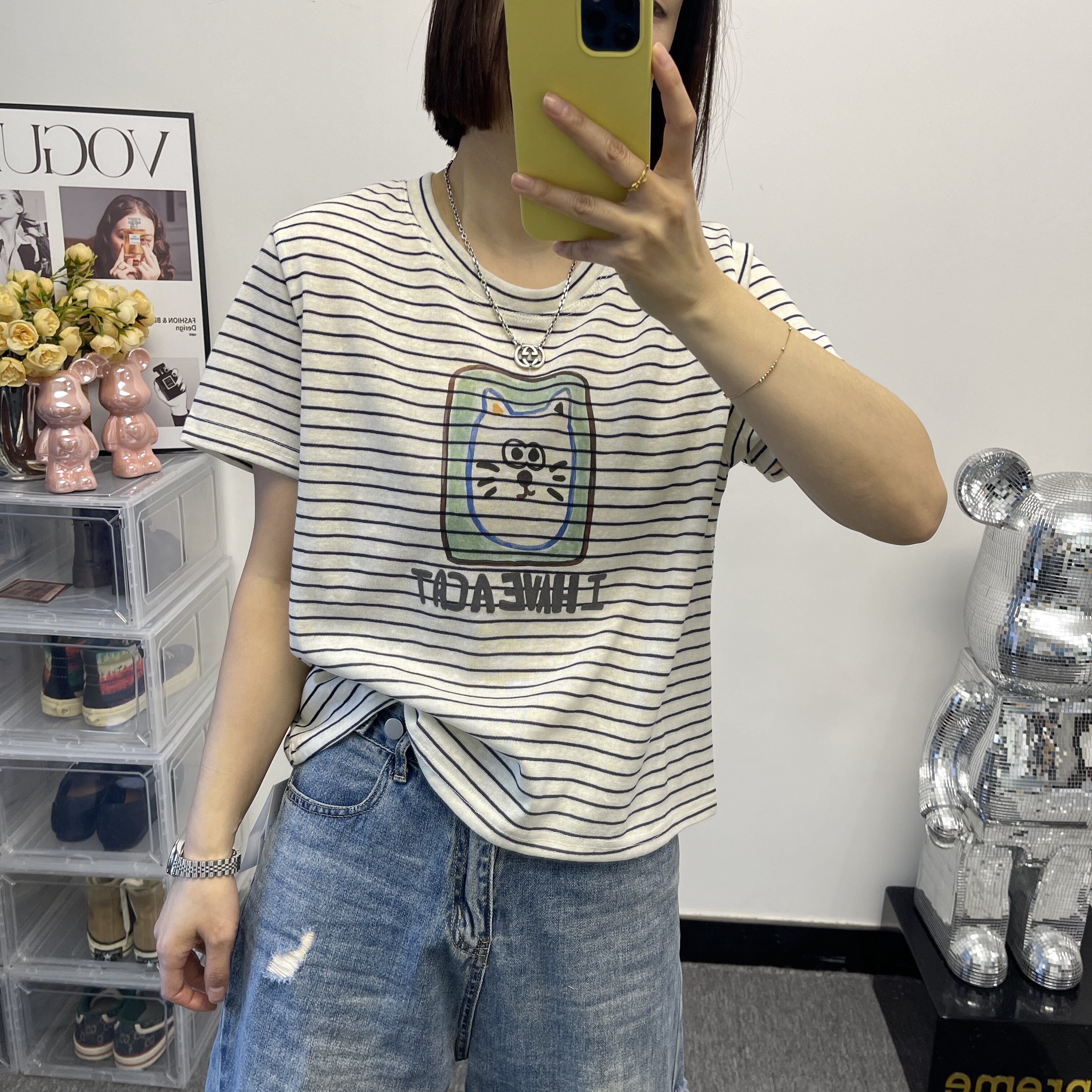 韩版小众设计感卡通猫咪印花T恤夏季雪花棉宽松百搭减龄显瘦短袖