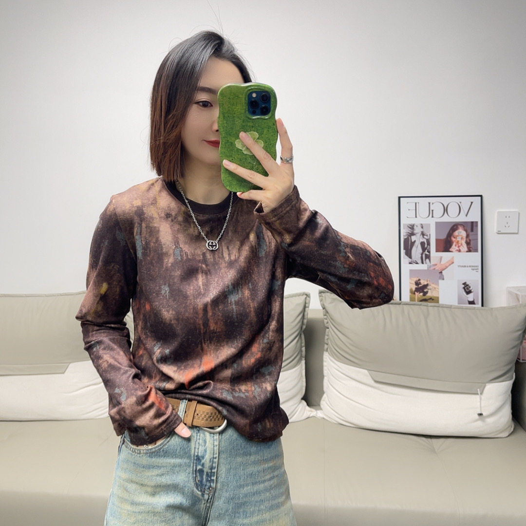 秋冬复古水墨晕染显瘦长袖T恤女