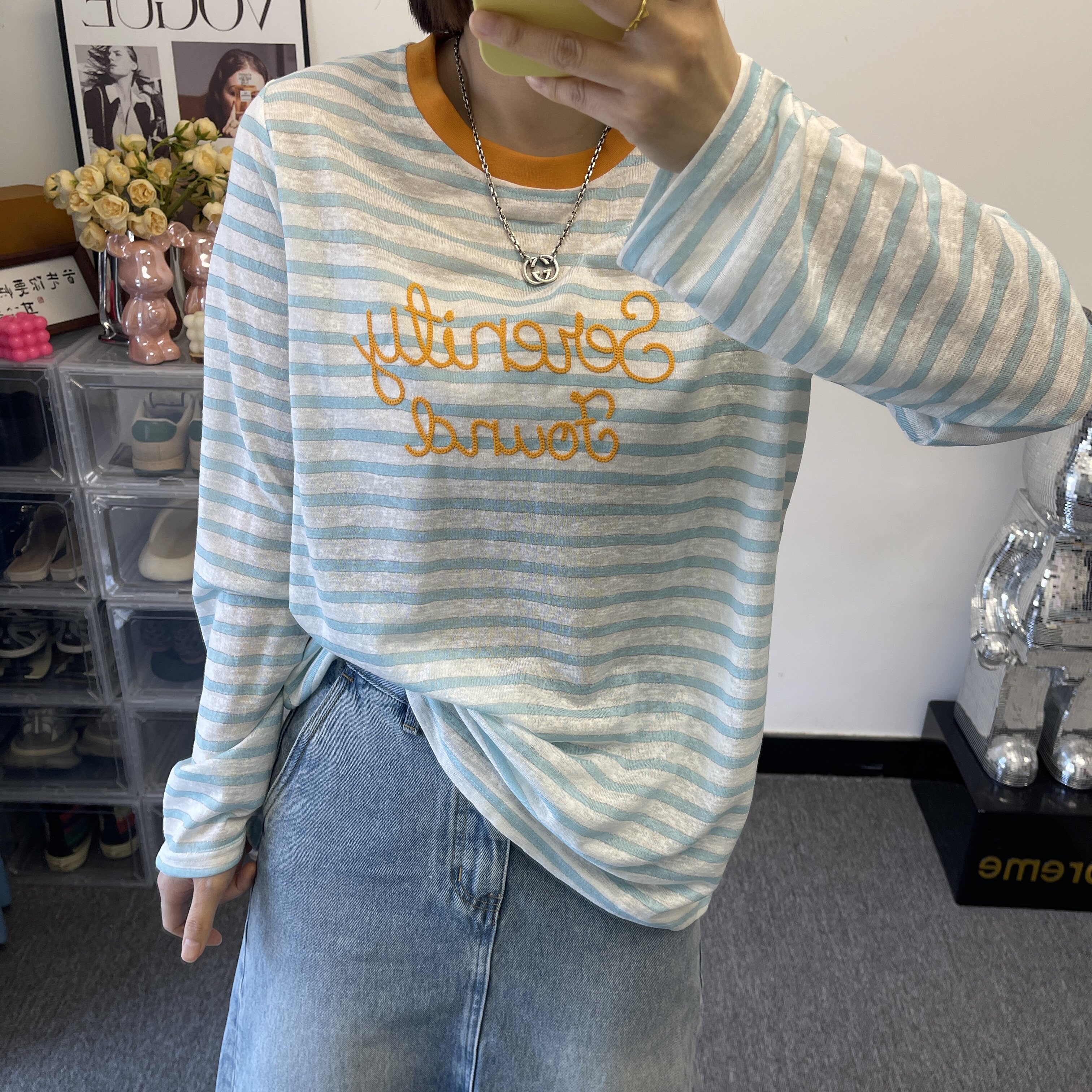 休闲撞色条纹字母刺绣长袖T恤女夏薄款圆领慵懒风百搭显瘦防晒衫