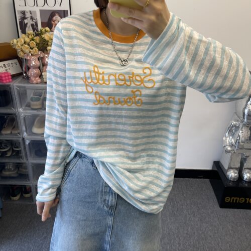 夏季撞色条纹刺绣长袖显瘦T恤潮