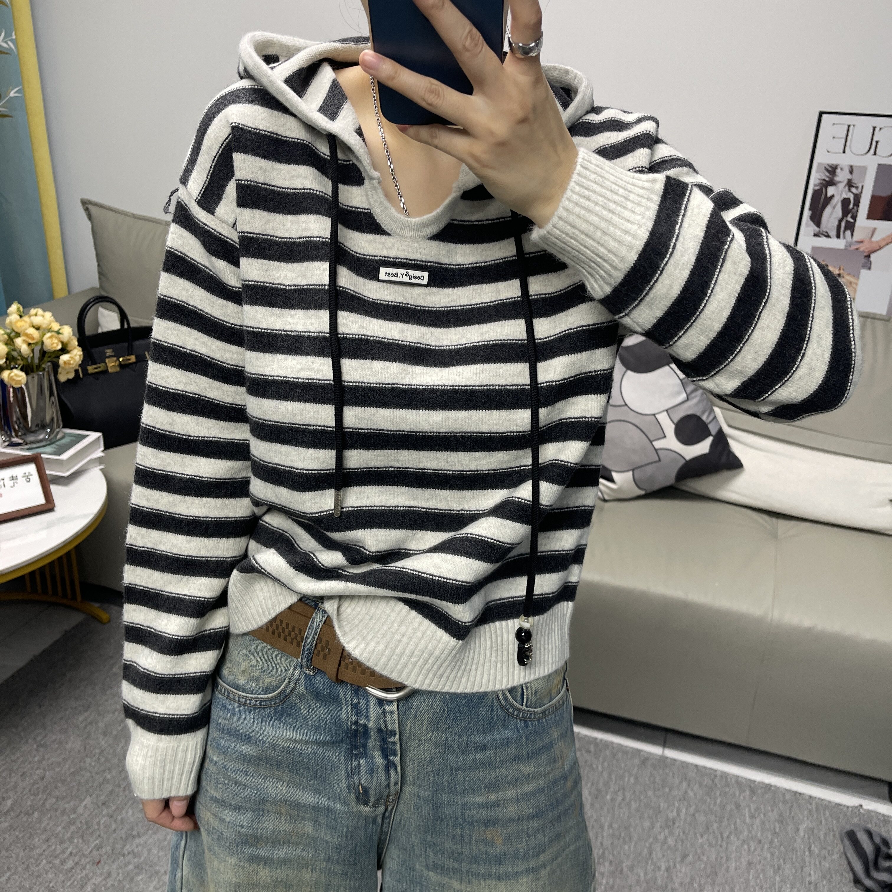 26新款学院风连帽条纹针织毛衣女