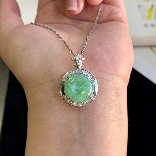 泗隆珠宝-天然A货翡翠平安扣吊坠 S925银镶飘翠平安扣项链玉坠女