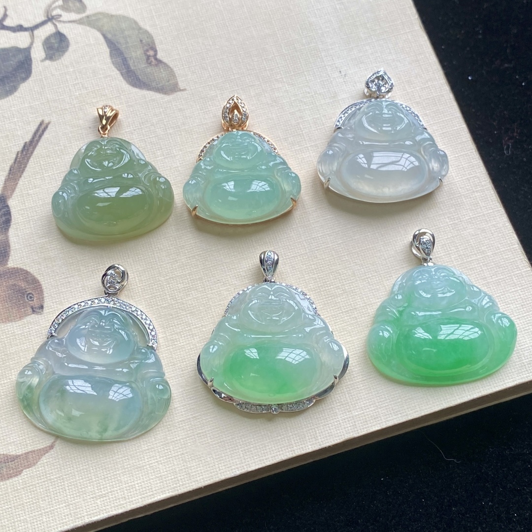 泗隆珠宝-缅甸天然A货翡翠佛公吊坠 紫罗兰阳绿飘花玉石笑佛挂件