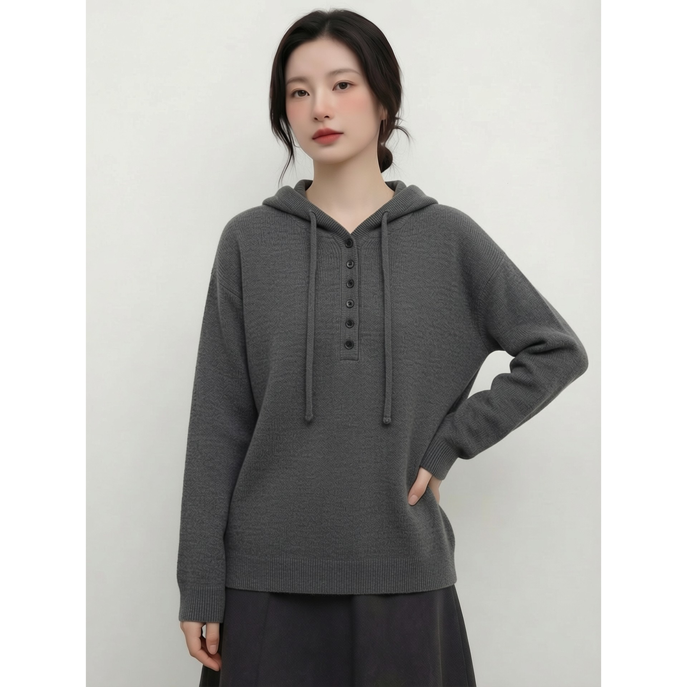 极简风纯色连帽纽扣针织衫长袖女套头百搭宽松毛针织衫毛衣上衣,女装/女士精品,毛针织衫,淘宝优惠券,粉丝福利购,淘宝优惠卷