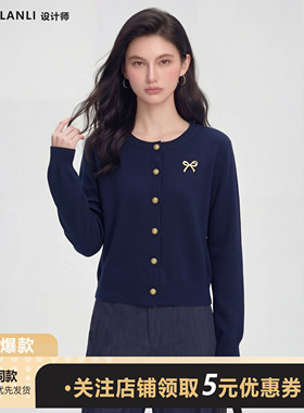 新款学院风简约休闲藏青针织毛衣圆领鎏金蝴蝶结百搭上衣长袖开衫