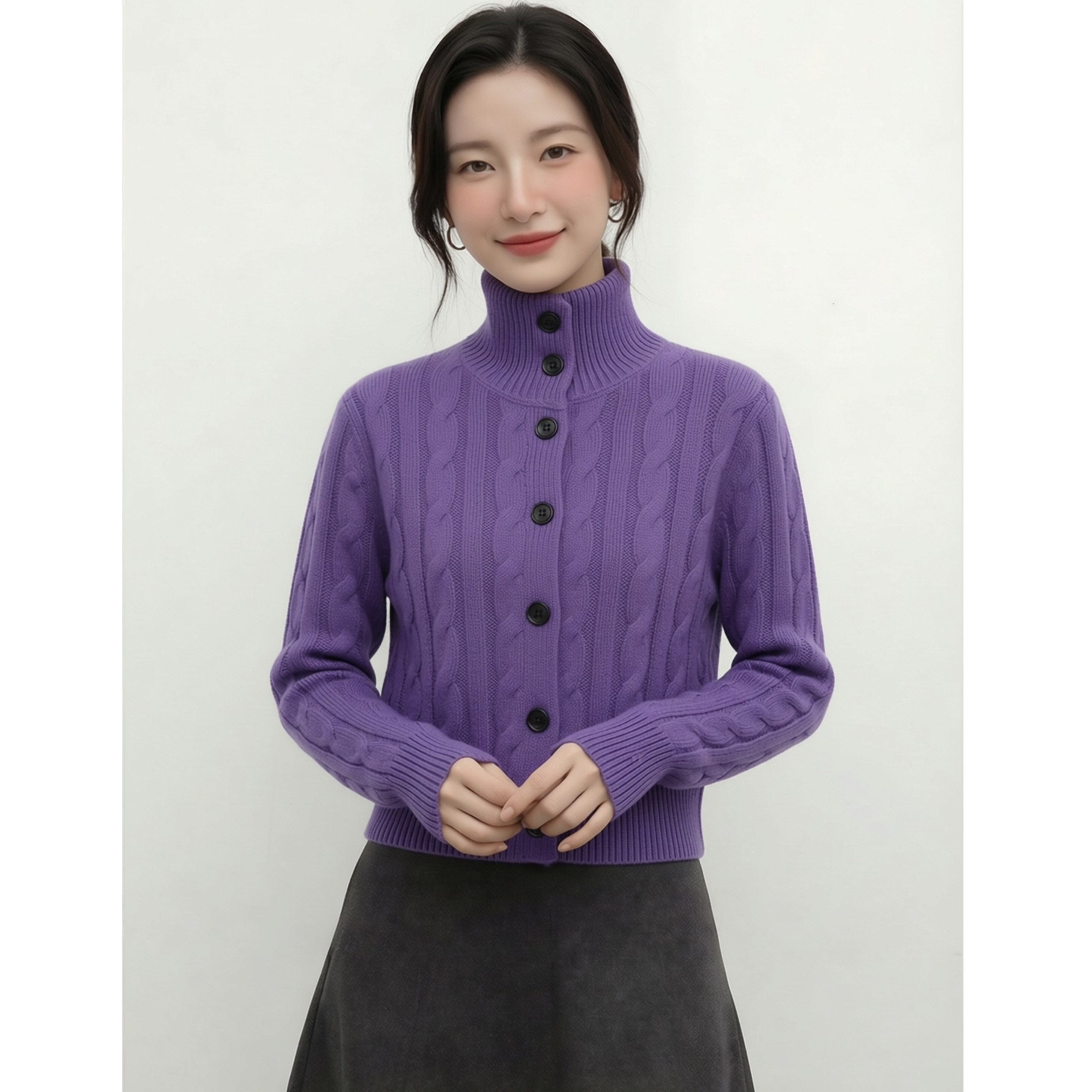 2026年春季新款紫色高领麻花纹针织衫女单排扣宽松慵懒风毛衣上衣