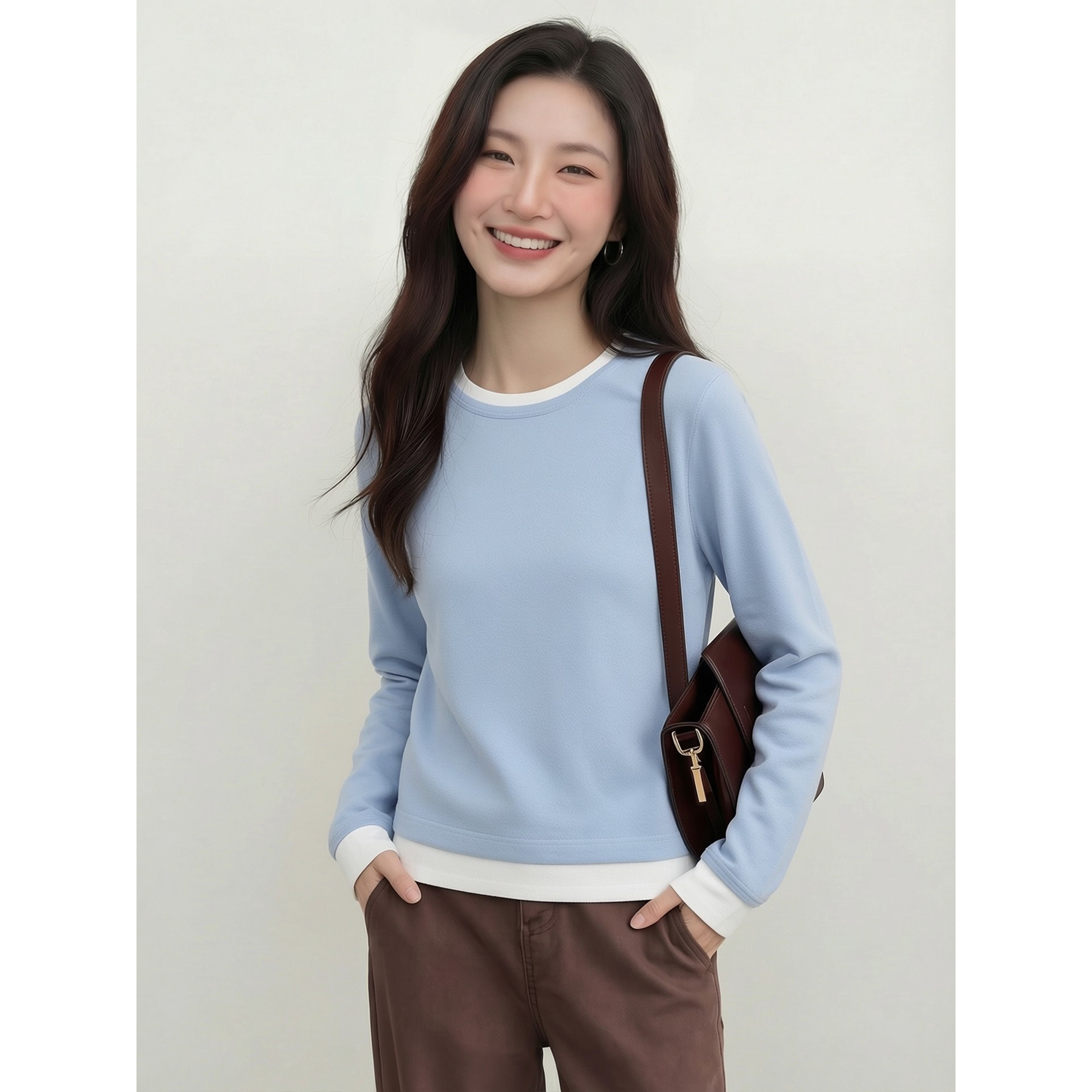 简约百搭穿搭假两件拼接设计感针织衫长袖女蓝色圆领套头羊毛衫