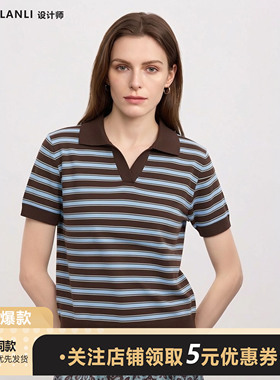 莱赛尔天丝新款条纹翻领针织衫女薄款短袖休闲风柔软百搭上衣T恤