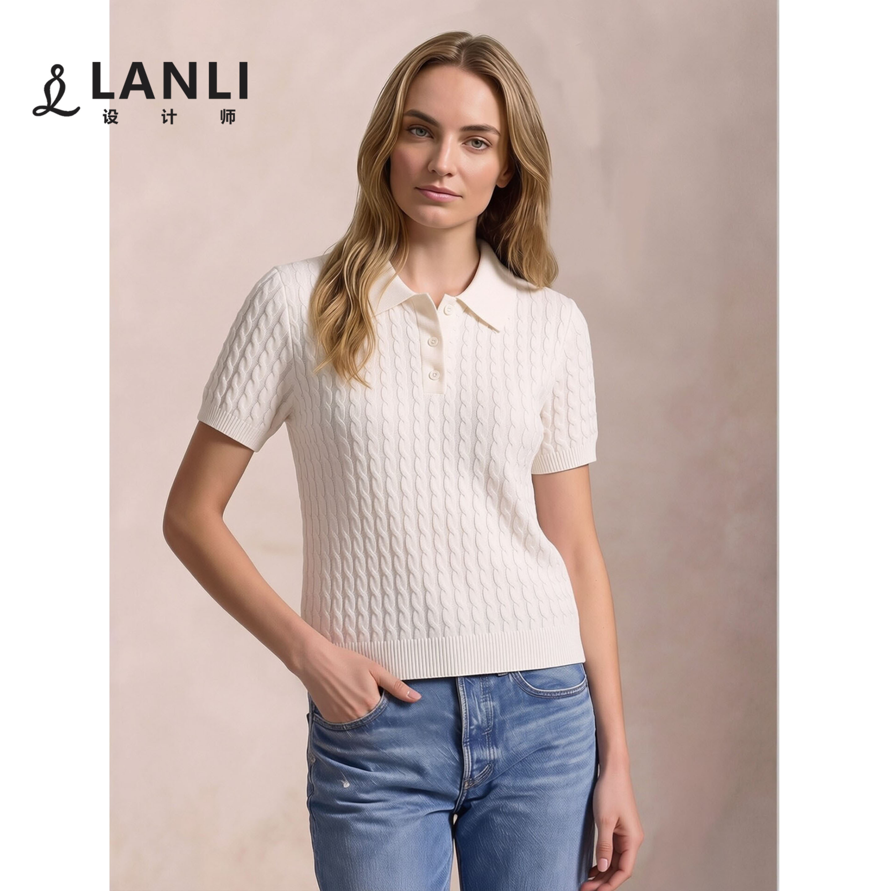 LANLI女装 亚麻+天丝丨老钱风百搭绞花纹T恤上衣POLO领短袖针织衫