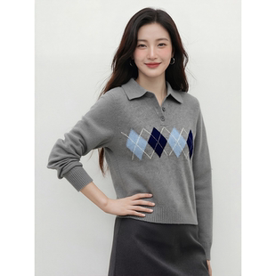 女学院风灰色套头毛衣长袖 复古菱格POLO领针织衫 上衣 新款 2026春季