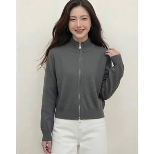 极简风翻领双拉链针织开衫女2026年春季新款百搭显瘦长袖毛衣外套