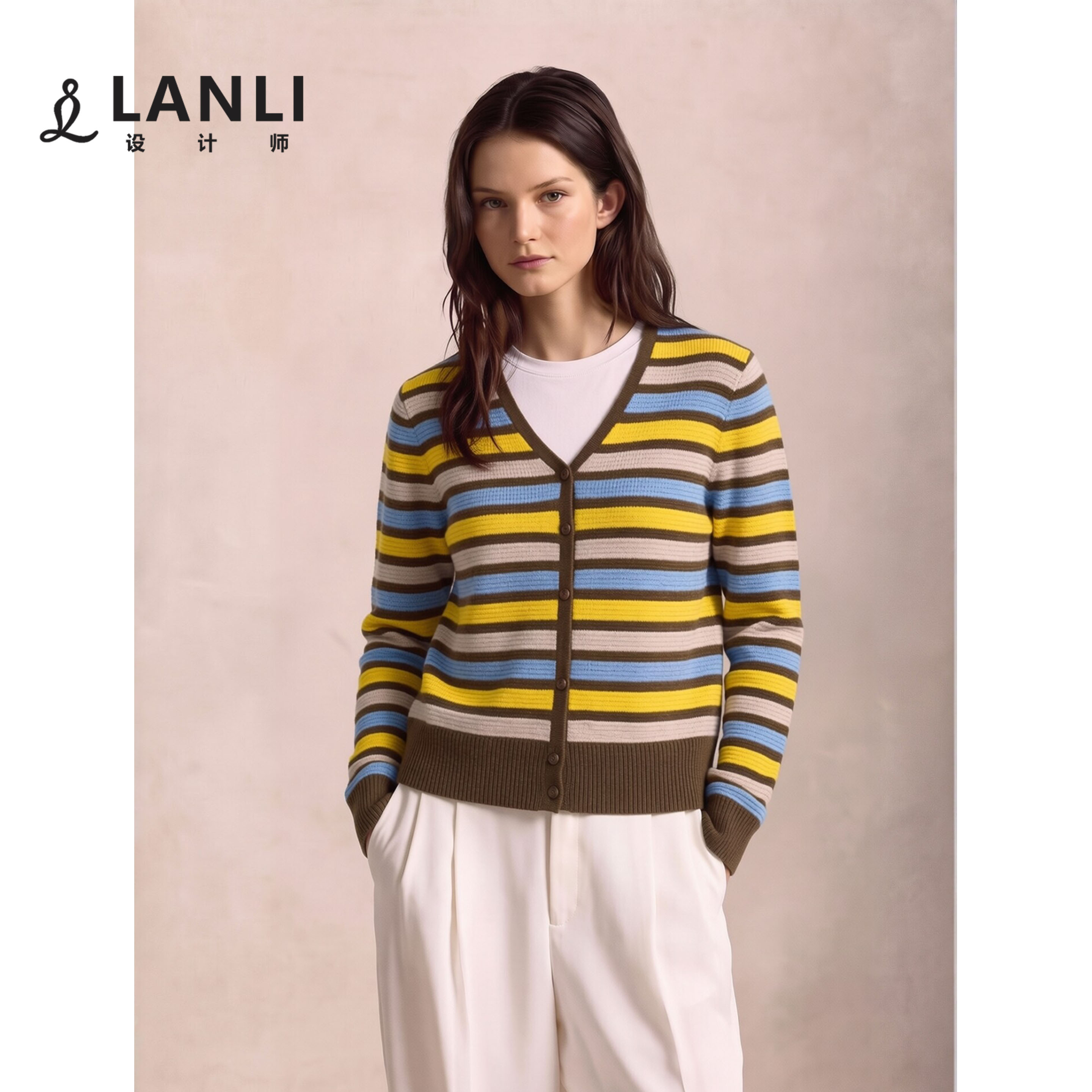 LANLI女装 撞色条纹日常V领针织开衫简约休闲复古风长袖柔软上衣图片