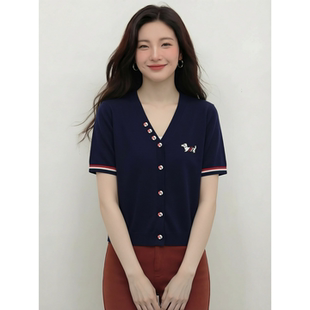 快乐小狗气质休闲风V领撞色针织开衫女短袖纽扣百搭薄款上衣