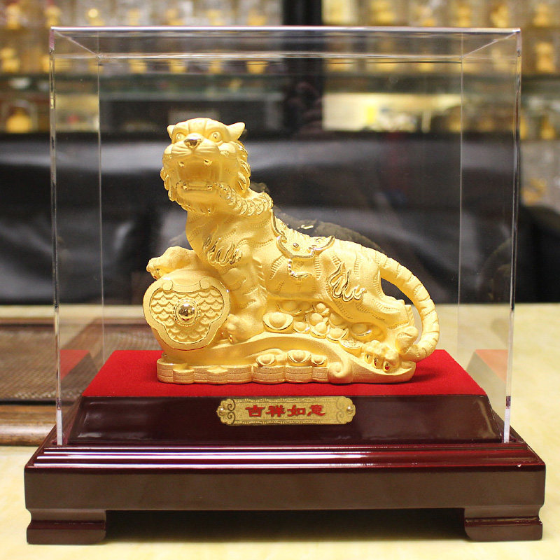生肖老虎绒沙金金虎如意摆件生肖虎高端家居玄关办公室乔迁工艺品