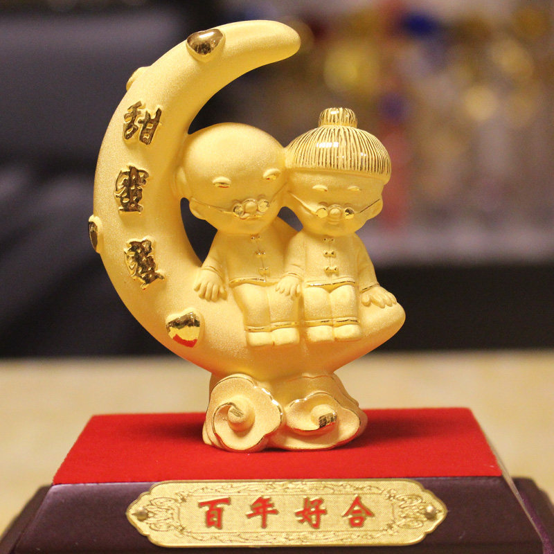 绒沙金摆件 白头偕老 创意金婚纪念日礼物家居装饰工艺品黄金摆设