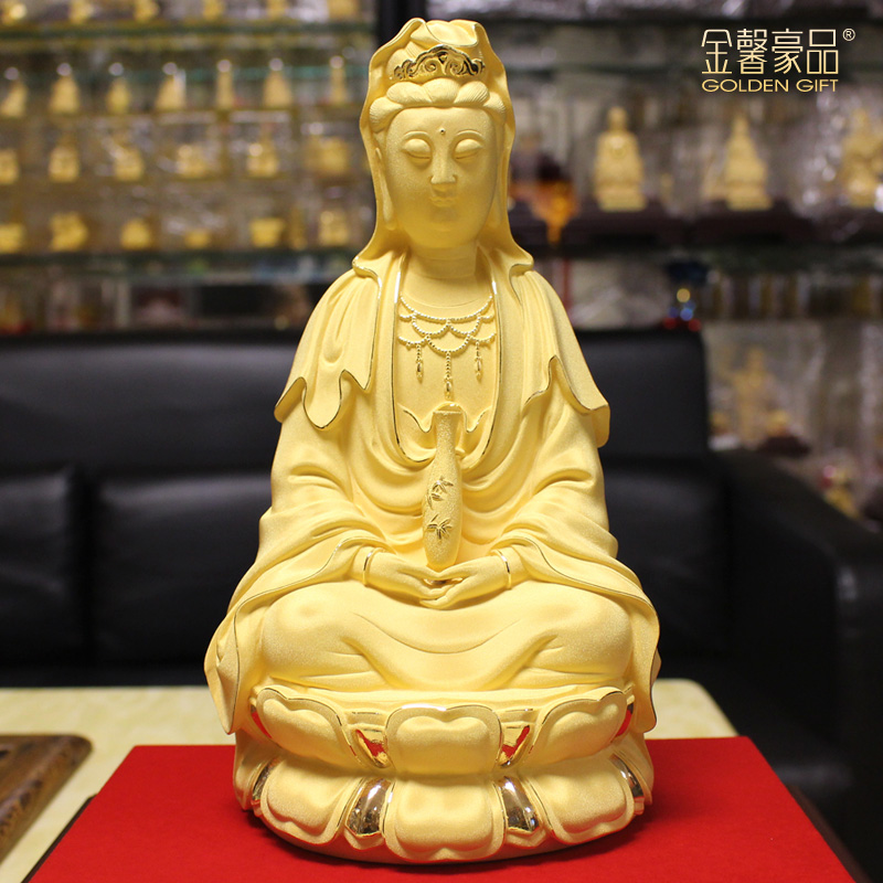 精铸足金观音绒沙金摆件坐莲观音菩萨佛像工艺品商务贺礼公司礼品
