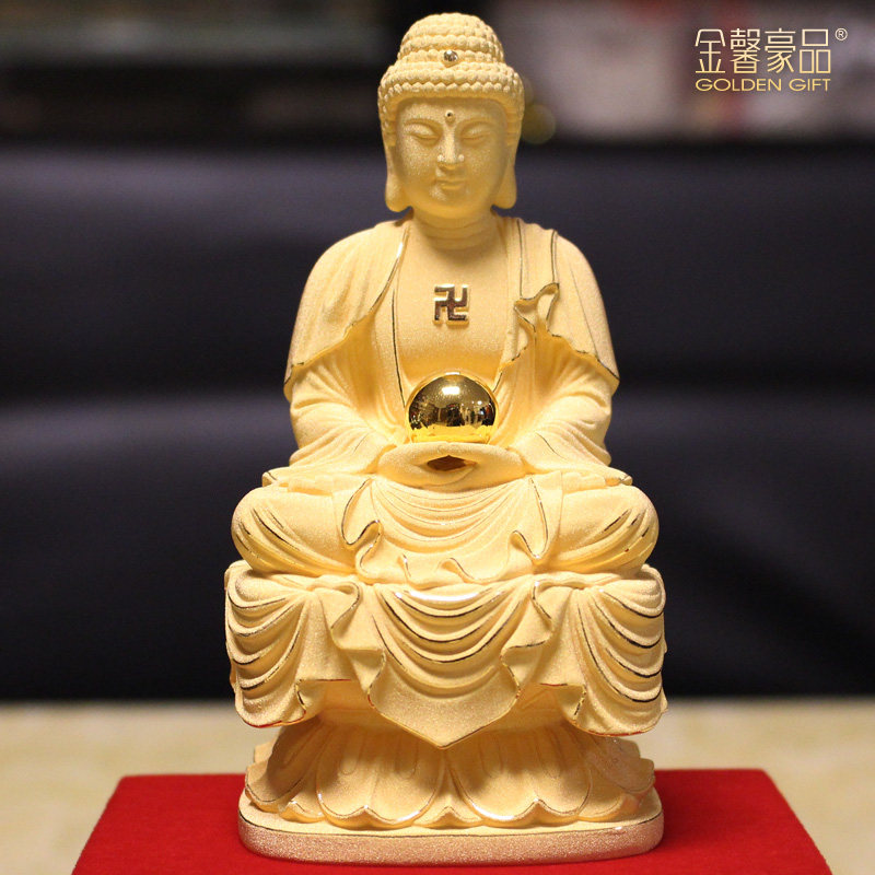 金馨豪品 绒沙金摆件娑婆三圣释迦牟尼佛佛像创意家居装饰工艺品