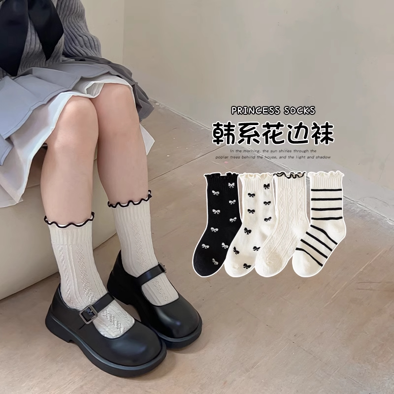 女童袜子纯棉春秋季薄款儿童木耳边中筒袜韩系女孩宝宝公主花边袜