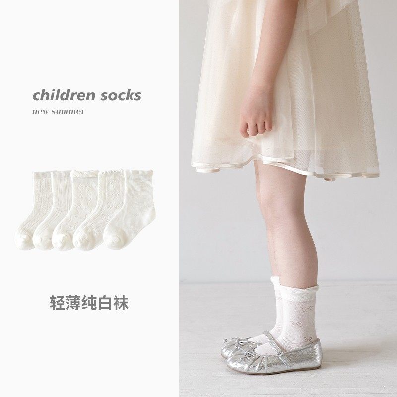 女童袜子夏季薄款白色袜洛丽塔棉袜轻薄透气白色公主风花边儿童袜