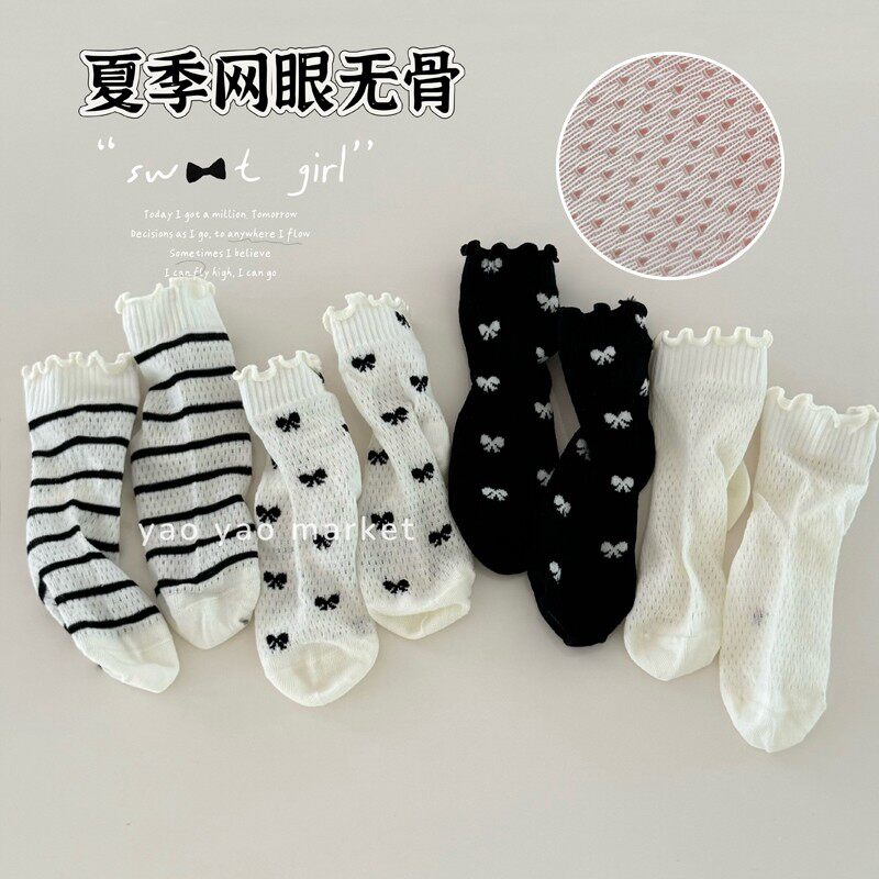 女童袜子夏季薄款透气网眼中筒袜儿童韩版ins蝴蝶结花边公主袜夏