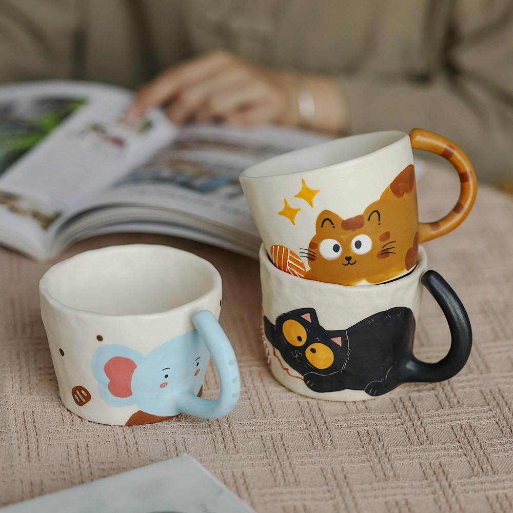 猫咪小象景德镇陶瓷手绘水杯子高温釉下彩马克杯咖啡杯可爱伴手礼