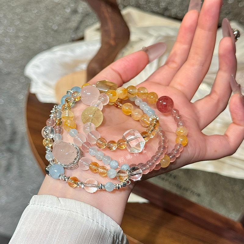 天然水晶黄胶花手链原创设计款时尚多圈招财黄塔晶粉晶魔盒草莓