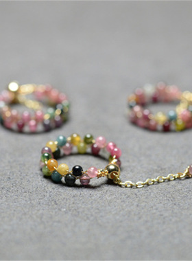 天然碧玺戒指女款小珠水晶戒指手工编织简约清新女款手饰品